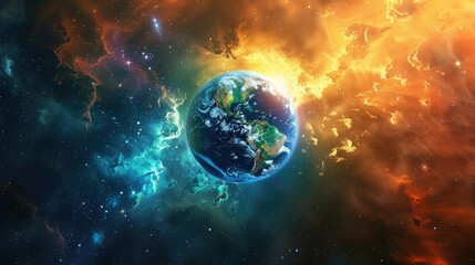 Obraz premium Stunning visual of Earth against a cosmic background with vibrant colors, depicting the beauty and mystery of our planet in space.