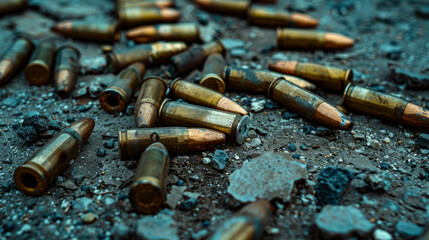 Spent Bullet Casings Scattered on Rough Ground, Symbolizing Conflict and Aftermath