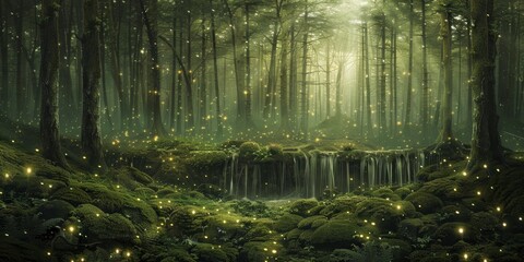 Obraz premium A lush green forest with a waterfall and a stream generated by AI