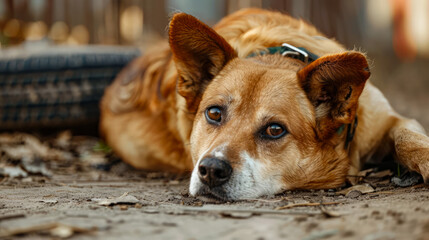 Sad dog laying on the ground outdoors with a pensive expression