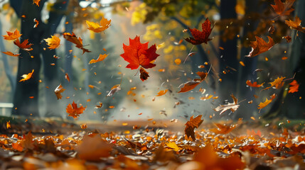 Autumn leaves falling in forest, golden foliage in sunlight, serene