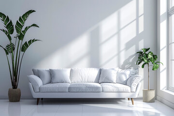 minimalist design with a sleek white sofa in the center of an empty white room. calm and elegance of the interior in a minimalist, realistic setting