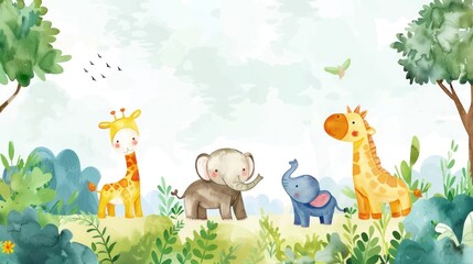 Obraz premium Adorable watercolor animals in a forest with a playful scenery.