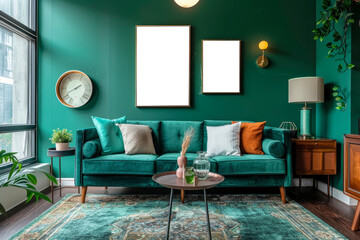 Mockup of a poster on the wall in the living room interior. A modern emerald green sofa takes center stage in an otherwise empty room.