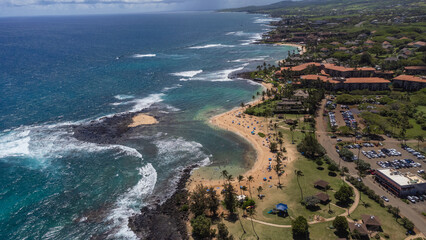 4K drone video of the island of Hawaii over the beaches of Lihue, Kauai