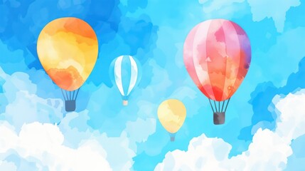 Naklejka premium Colorful hot air balloons float among clouds in blue sky background.