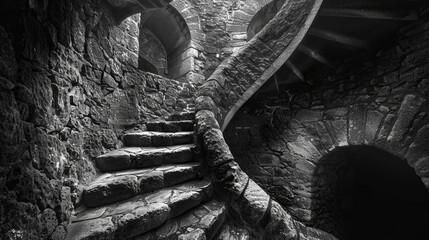 Ancient stone spiral staircase in a medieval castle, atmospheric and mysterious architectural detail in black and white © Maestro