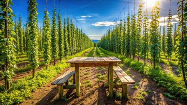 Weathered wooden table stands alone in a lush green hop garden surrounded by vines and rows of tall hop cones under a bright blue sky.