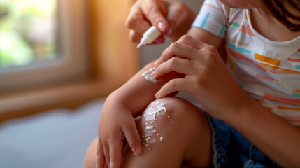 Mother applying ointment to child's scraped knee at home