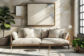 Poster mockup in Living Room Interior, Elegant beige sofa in a minimalist room with beige walls and soft beige carpet.