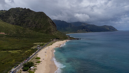 4K drone video of the island of Hawaii over the beaches of Lihue, Kauai