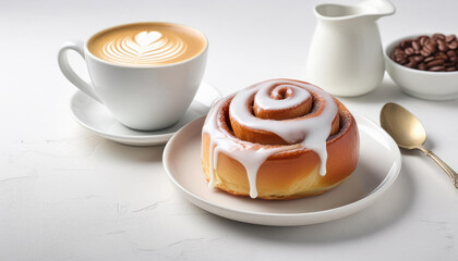 Cinnamon bun with icing and a cup of coffee on a light background	
