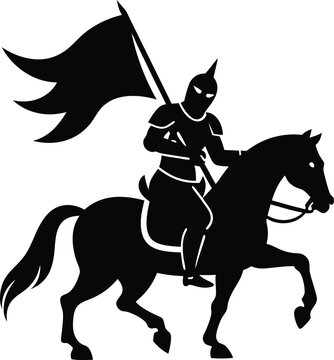 recommend clip art: a silhouette medieval cavalier with horse holding flag, black and white