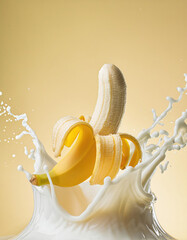 peeled banana in milk splash	