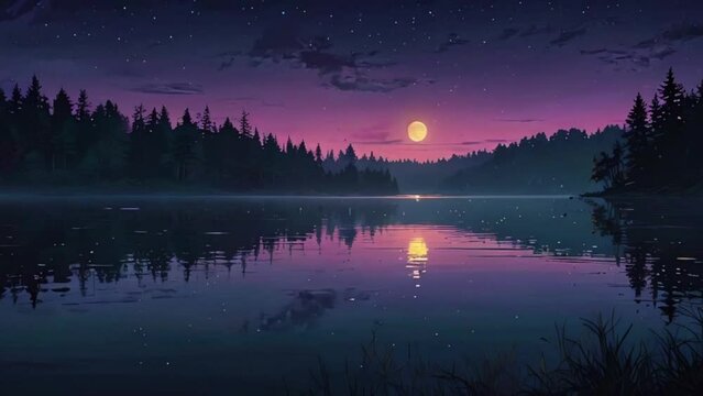 a foggy morning scene with low-lying clouds and mist drifting through a dense forest or over a meadow, 4K Lofi Anime, Cyan purple colors manga style animation video