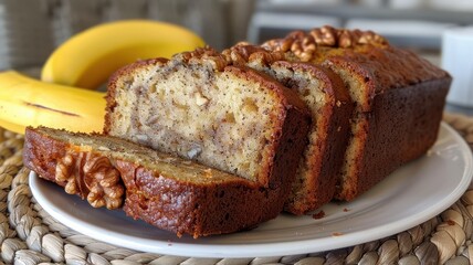 Freshly baked banana walnut bread slices served on a white plate with ripe bananas in the background.