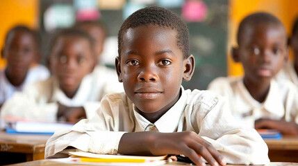 A young boy is sitting in a classroom with other children