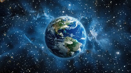 Fototapeta premium Planet Earth in space surrounded by stars on dark background Science ecology environment conservation World Earth Day idea with room for text