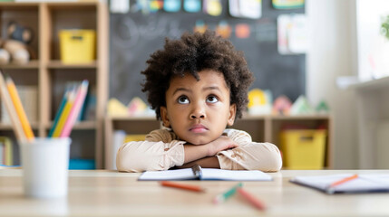 A young black boy sits at a desk with a pencil and a notebook