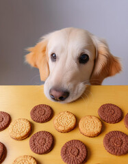 golden retriever puppy looking at cookies 
