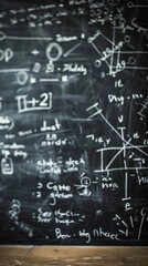 Mathematical equations and diagrams on a blackboard in a classroom