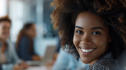 Obraz premium Leading, smiling, or confident black lady at startup agency office building portrait. African manager, face, or headshot in workplace with career mindset
