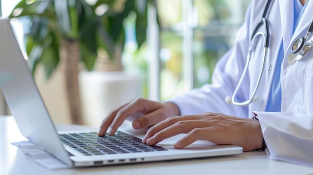 Medical professional using laptop for patient care, health technology, innovative medical science, rear view