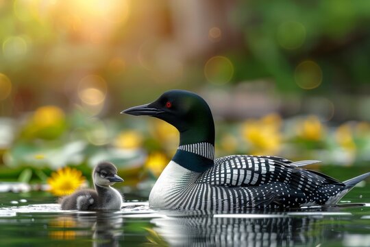 Common loon with a chick swimming in a lake surrounded by lily pads and yellow flowers, capturing a peaceful wildlife scene.

