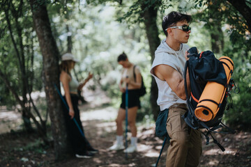 Group of friends enjoying a hike through the forest, carrying backpacks and outdoor gear on a sunny day.