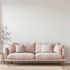 pink sofa in a room in front of the empty wall