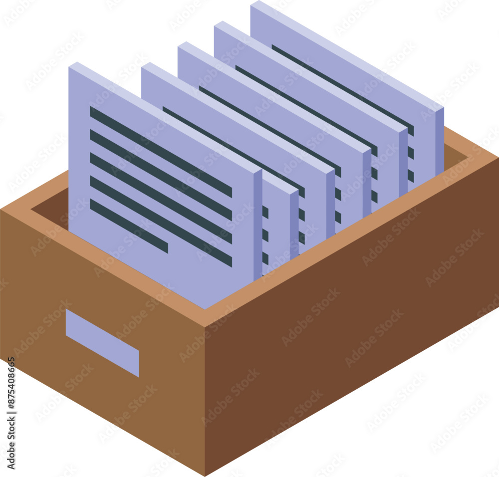 Poster archive box is storing documents for office routine, paperwork organization in isometric view