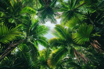 Fototapeta premium Nature with trees and palm leaves, green tropical plants, summer forest beauty, exotic garden palm trees, coconut sky, travel to banana jungle foliage