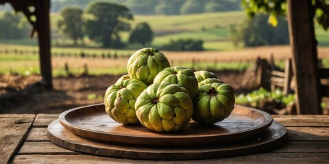 rustic wooden table with a wooden plate filled with fr background