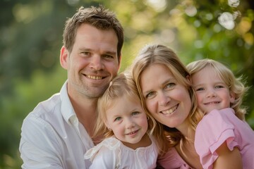 Fototapeta premium Happy family portrait for summer, outdoor wellness, and holiday with mother, father, and children. Sunshine bokeh shows love, caring, and smiling of individuals or kids with parents.