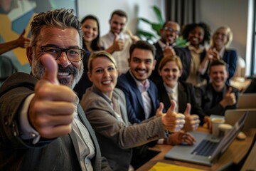 Happy businesspeople or team with thumbs up for success, diversity, and office camaraderie. International startups, corporate workforce, or management united and trusted
