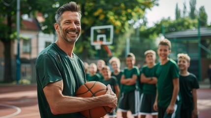 Coach and cheerful man photo training, outdoor basketball court, collegiate athlete team, professional player, and fitness group collaboration and sports. Confident, smiling, and teaching game mastery