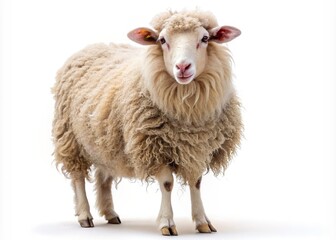 Fototapeta premium Adorable fluffy sheep with curled horns and soft wool stands alone on a clean white background, showcasing its gentle nature and rustic charm.