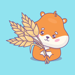 Cute cartoon hamster sitting with ears of wheat. Funny kawaii animal character. Vector illustration. Kids collection