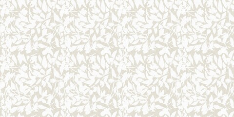 Seamless french gender neutral floral linen printed fabric border background. Light mottled white on grey cottage core block print pattern. Shabby chic woven duotone cloth effect. 