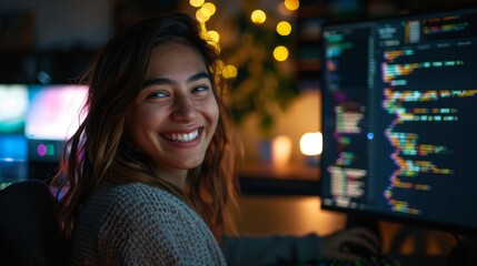 Nighttime office finance analysis, fintech, and internet data with smile, hologram, and woman on computer. Happy, feminine computer researcher, networker, and analyst.