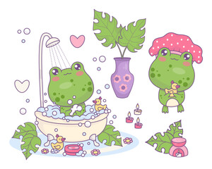 Bath-time. Cute funny frog in shower cap with rubber duck. Cartoon kawaii animal character bathes in bubble bath with rubber ducks, vase with Monstera leaves and aroma lamp. Vector illustration