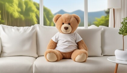 teddy bear wearing a white t-shirt sitting on sofa