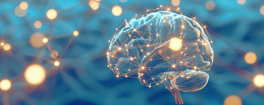 Abstract illustration of a human brain with glowing lights.