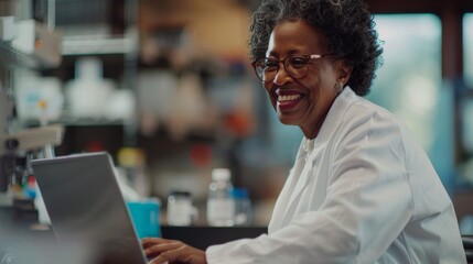 Older woman, lab, laptop, science, plants, pharmaceutical research, focus. Senior scientist, specialist, or computer for lab data analysis typing