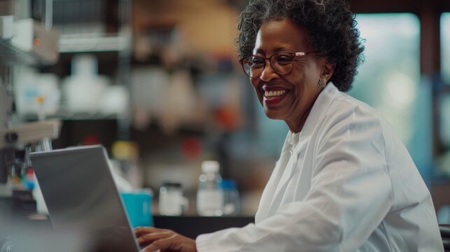 Older woman, lab, laptop, science, plants, pharmaceutical research, focus. Senior scientist, specialist, or computer for lab data analysis typing