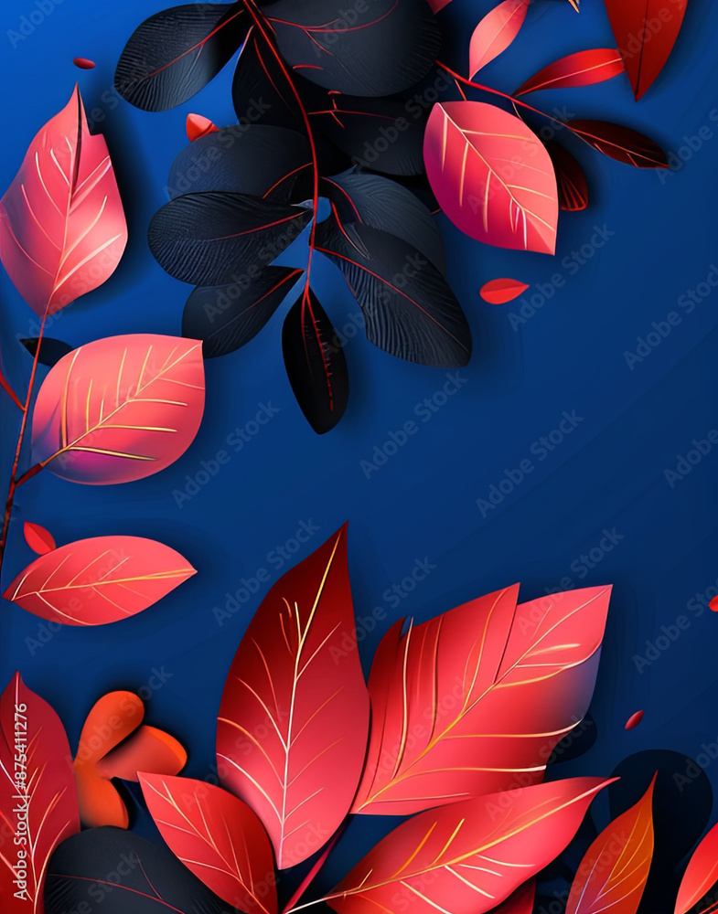 Poster red and black leaves on a blue background in vector style