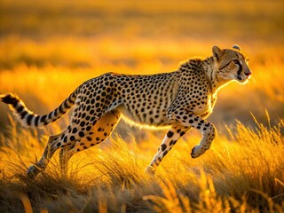 Naklejka premium A sleek and agile cheetah sprints across the sun-drenched savanna, its golden fur glistening, tail streaming behind, as it chases its unsuspecting prey.