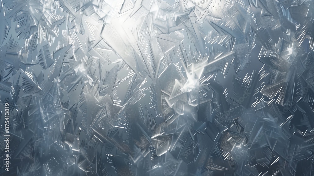 Aufkleber This image depicts sharp and angular ice formations on a frosty window, highlighting the striking geometric shapes and reflective surfaces created by the freezing process.