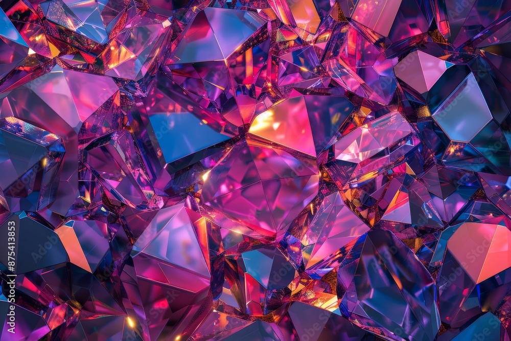 Poster This vibrant image displays a collection of colored crystals reflecting light in various hues, creating a stunning and colorful visual display that is both elegant and captivating.