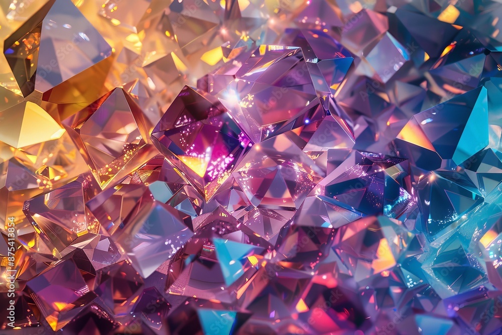 Poster This image showcases a vibrant collection of multi-faceted crystals reflecting a spectrum of colors and light, presenting an abstract yet striking visual effect.